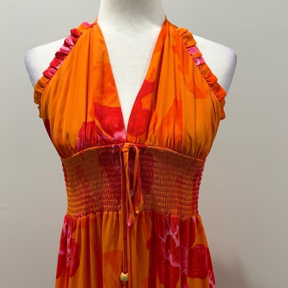 👗Host Pick👗 Vibrant Orange and Pink Halter Maxi Dress - Picture 2 of 7